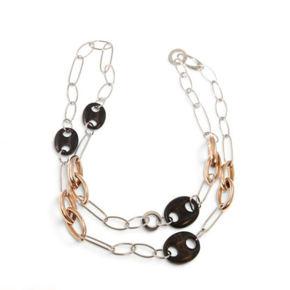 Trebor Style long necklace featuring sterling silver, rose gold plated silver, and black ebony wood links.