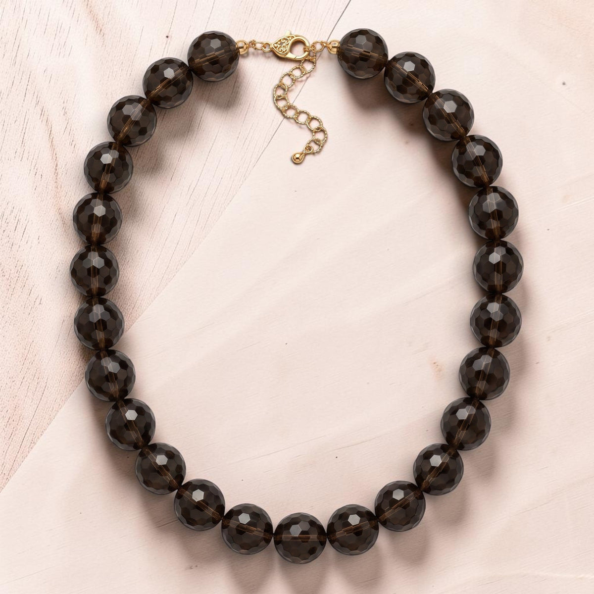 Trebor Style smokey quartz beaded necklace with faceted brown spheres and an 18k gold lobster clasp.