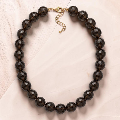 Trebor Style smokey quartz beaded necklace with faceted brown spheres and an 18k gold lobster clasp.