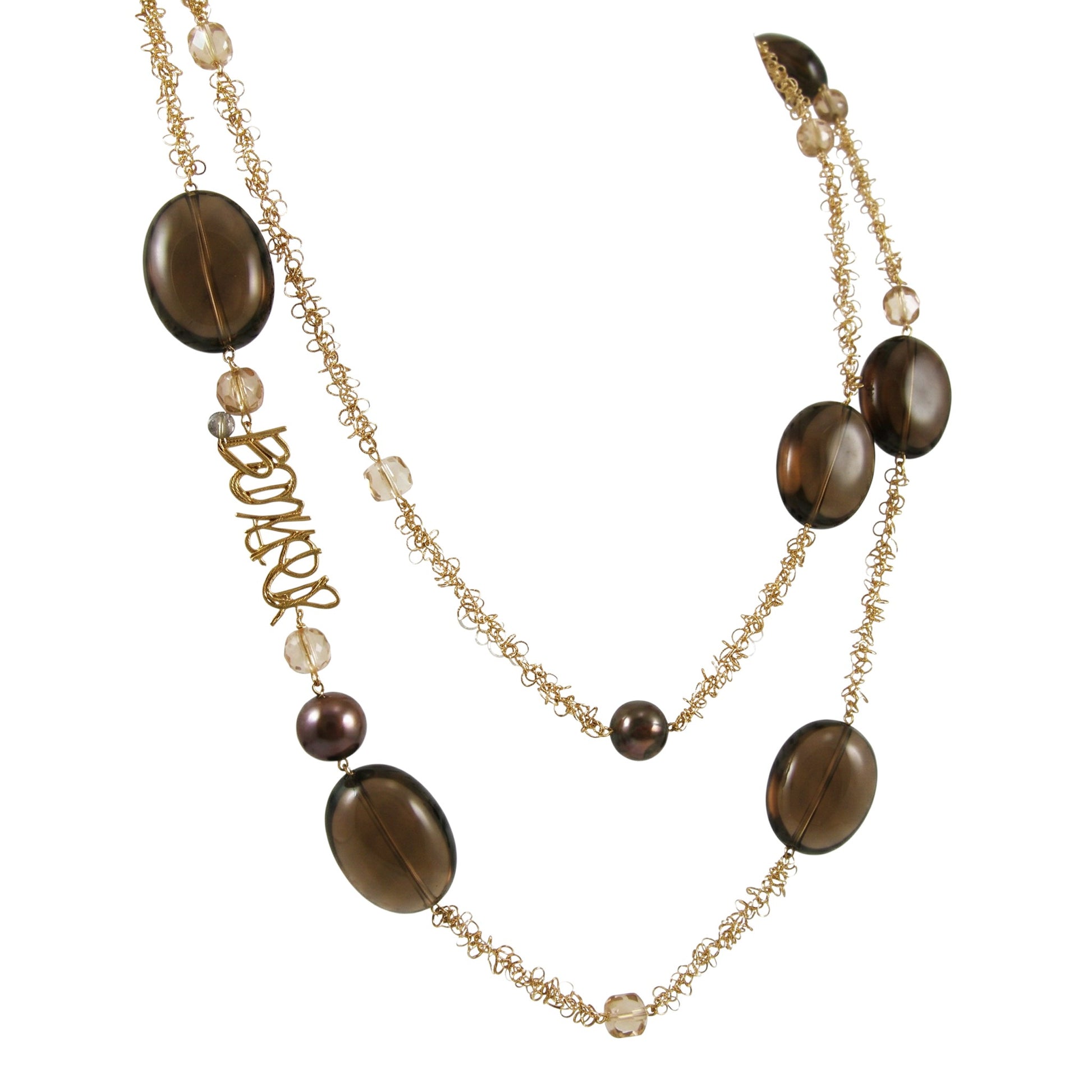 Trebor Style long 18k gold chain necklace featuring smokey quartz, citrine, bronze pearls, and a diamond Bonjour charm.