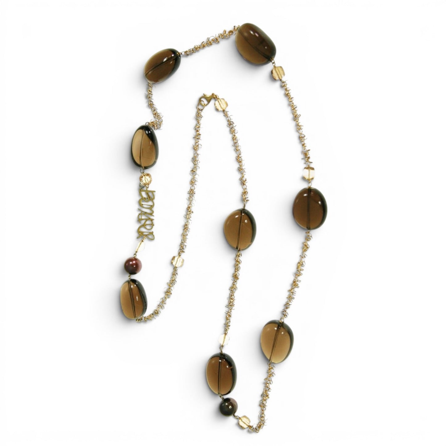 Trebor Style long 18k gold chain necklace with smokey quartz, citrine, bronze pearls, and a diamond drop charm.