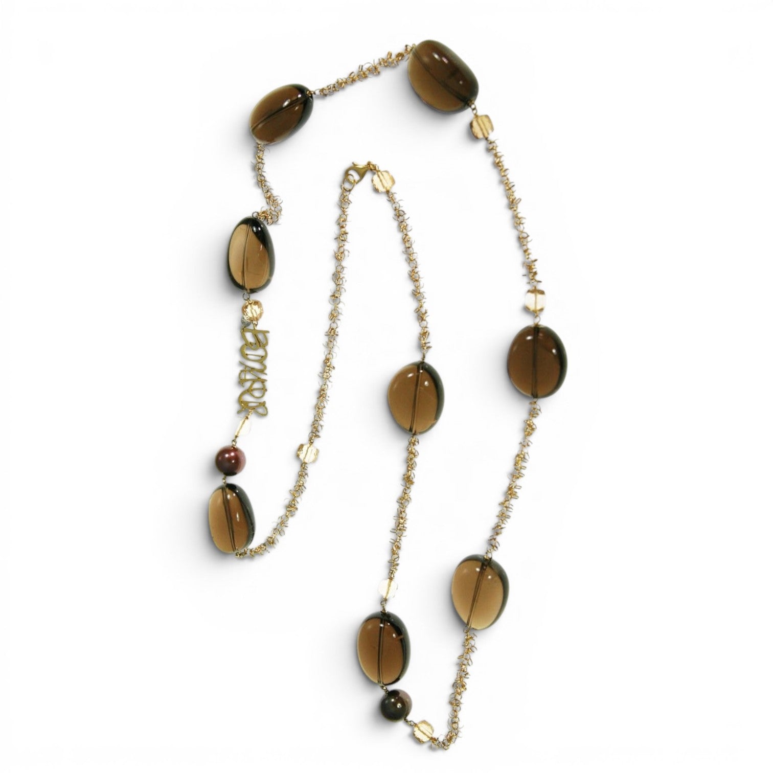 Trebor Style long 18k gold chain necklace with smokey quartz, citrine, bronze pearls, and a diamond drop charm.