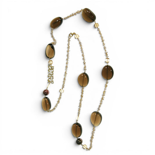 Trebor Style long 18k gold chain necklace with smokey quartz, citrine, bronze pearls, and a diamond drop charm.