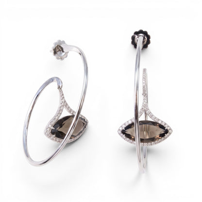 Trebor Style 18k white gold hoop earrings featuring marquise cut smokey quartz and pave set white diamonds.