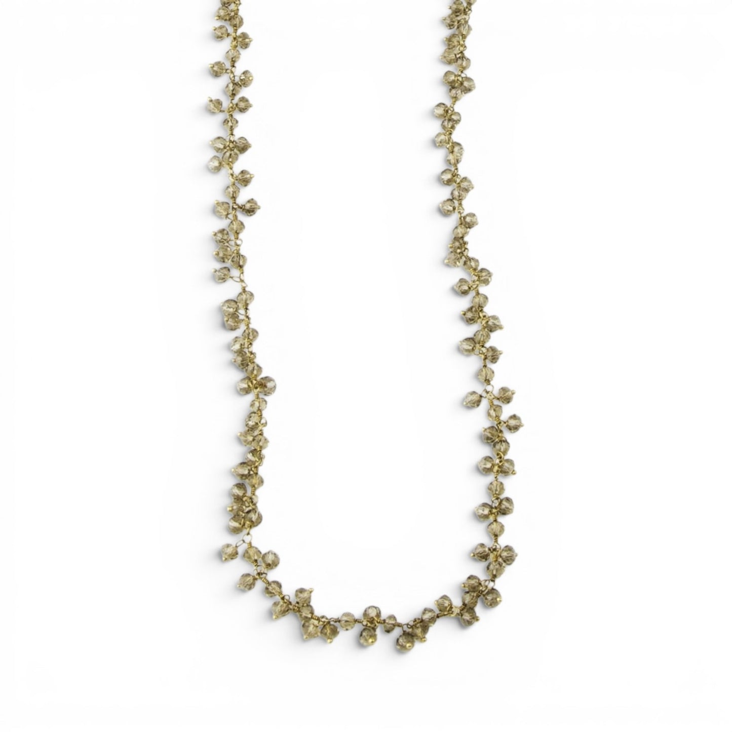 Trebor Style long necklace featuring faceted smokey quartz gemstones on 14k gold wire, versatile layering jewelry.