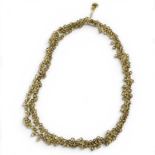 Trebor Style long smokey quartz gemstone necklace featuring faceted brown beads on 14k gold wire with a lobster clasp.