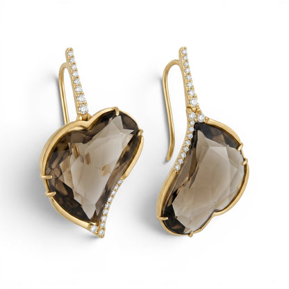 Trebor Style asymmetrical heart earrings in 18k brushed yellow gold with smokey quartz and pave white diamonds.
