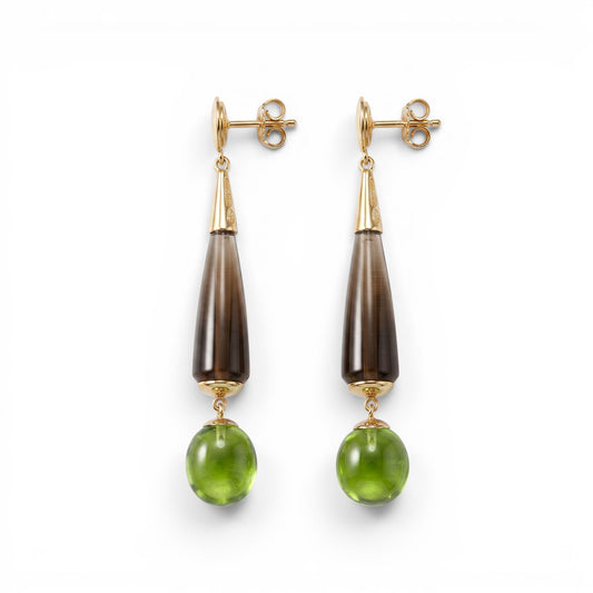 Trebor Style 18k gold chandelier earrings featuring teardrop smokey quartz and round peridot gemstones.