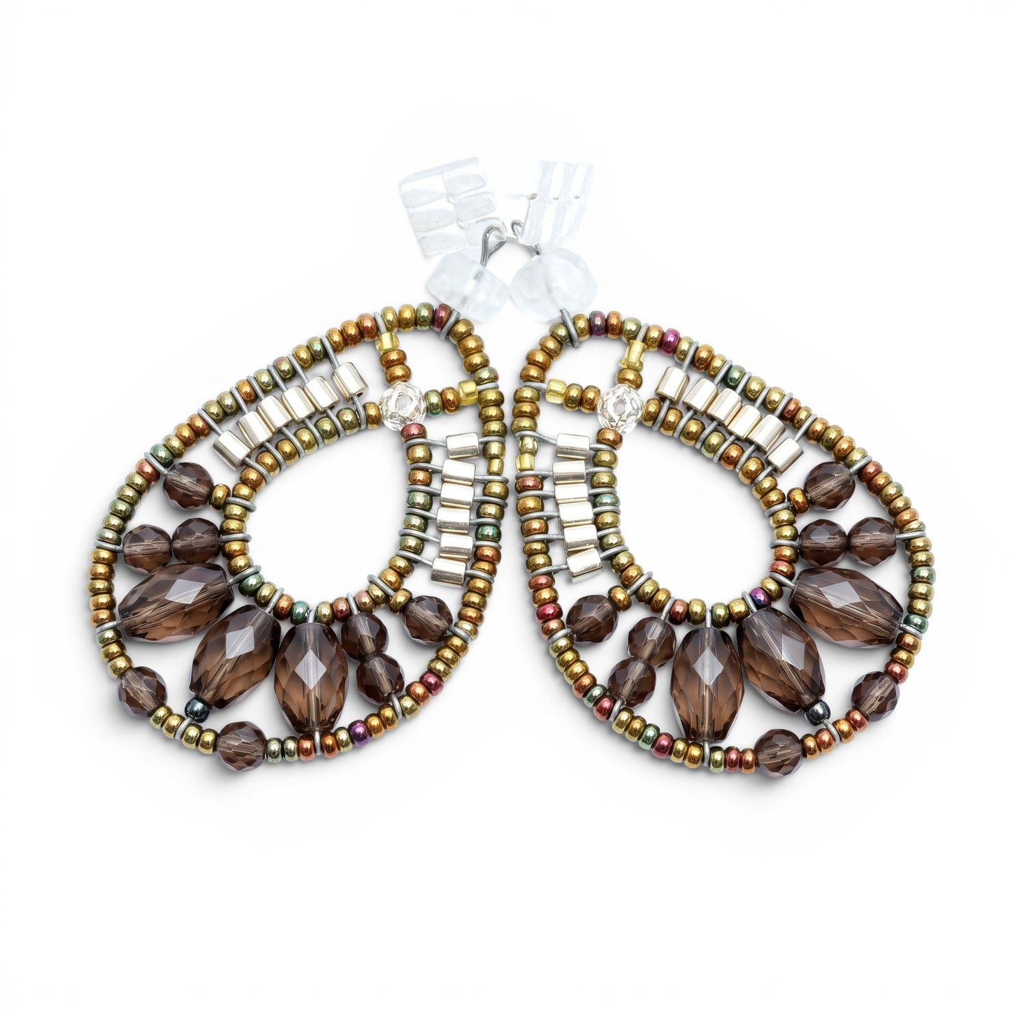 Trebor Style Ziio oval tear drop earrings featuring smokey quartz, hematite, and silver beads handcrafted in Italy.