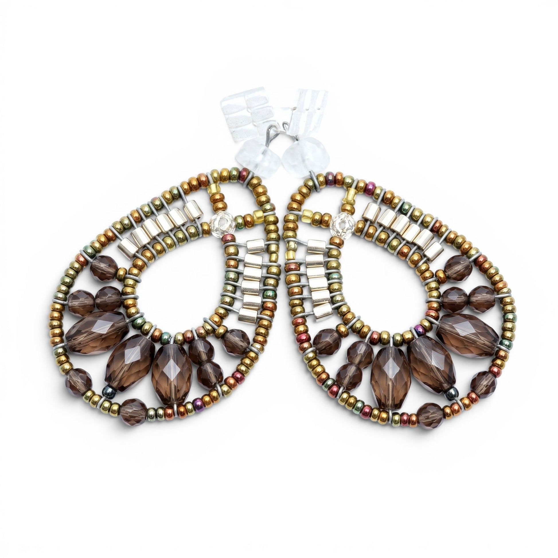 Trebor Style Ziio oval tear drop earrings featuring smokey quartz, hematite, and silver beads handcrafted in Italy.