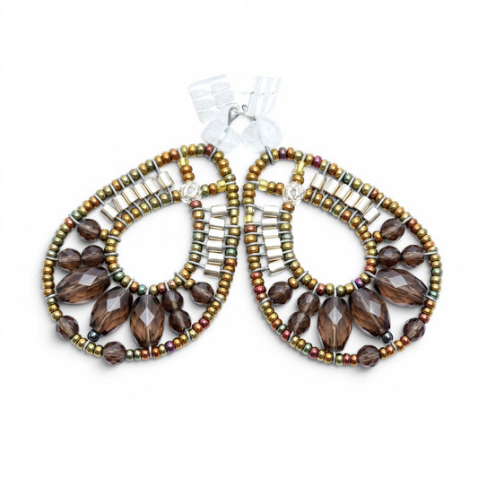 Trebor Style Ziio oval tear drop earrings featuring smokey quartz, hematite, and silver beads handcrafted in Italy.
