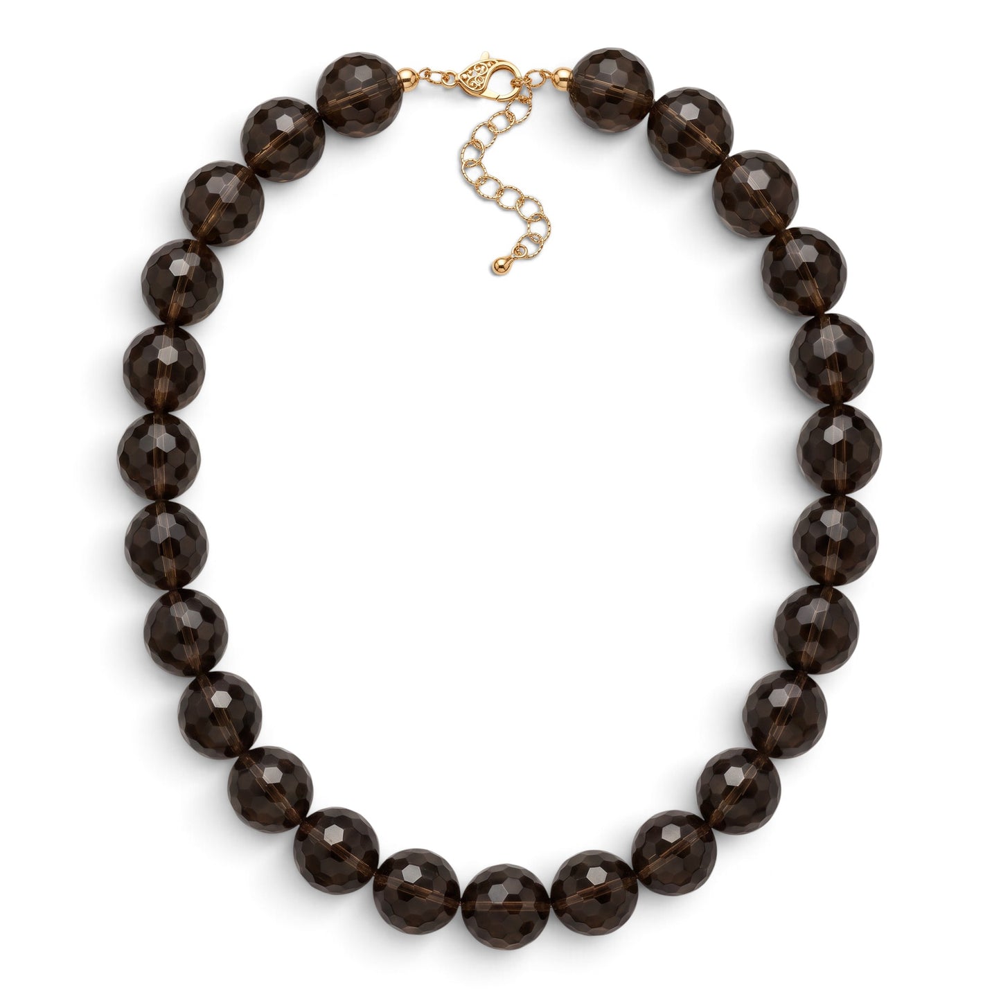 Trebor Style smoky quartz beaded necklace with faceted brown spheres and an 18k gold lobster clasp.