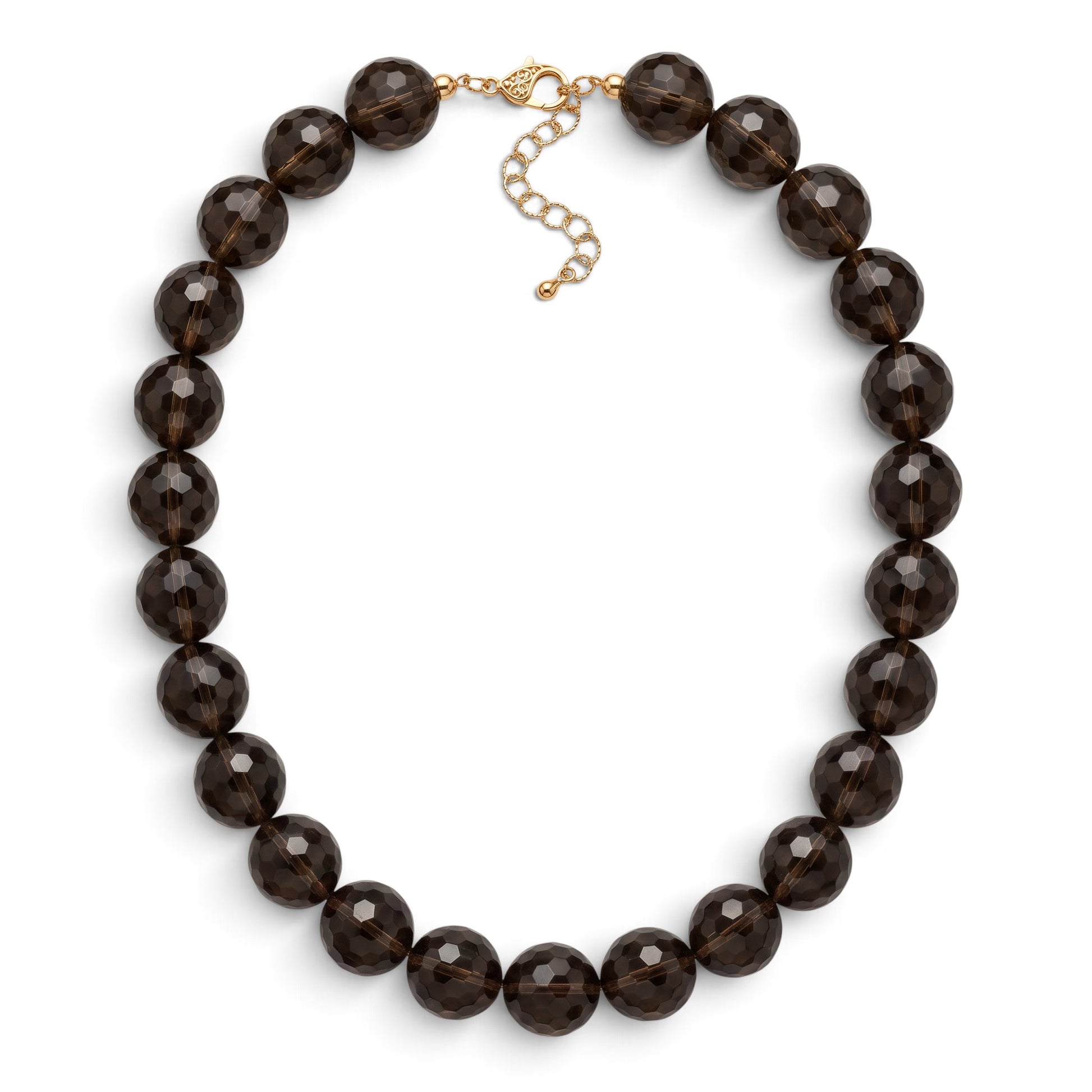 Trebor Style smoky quartz beaded necklace with faceted brown spheres and an 18k gold lobster clasp.