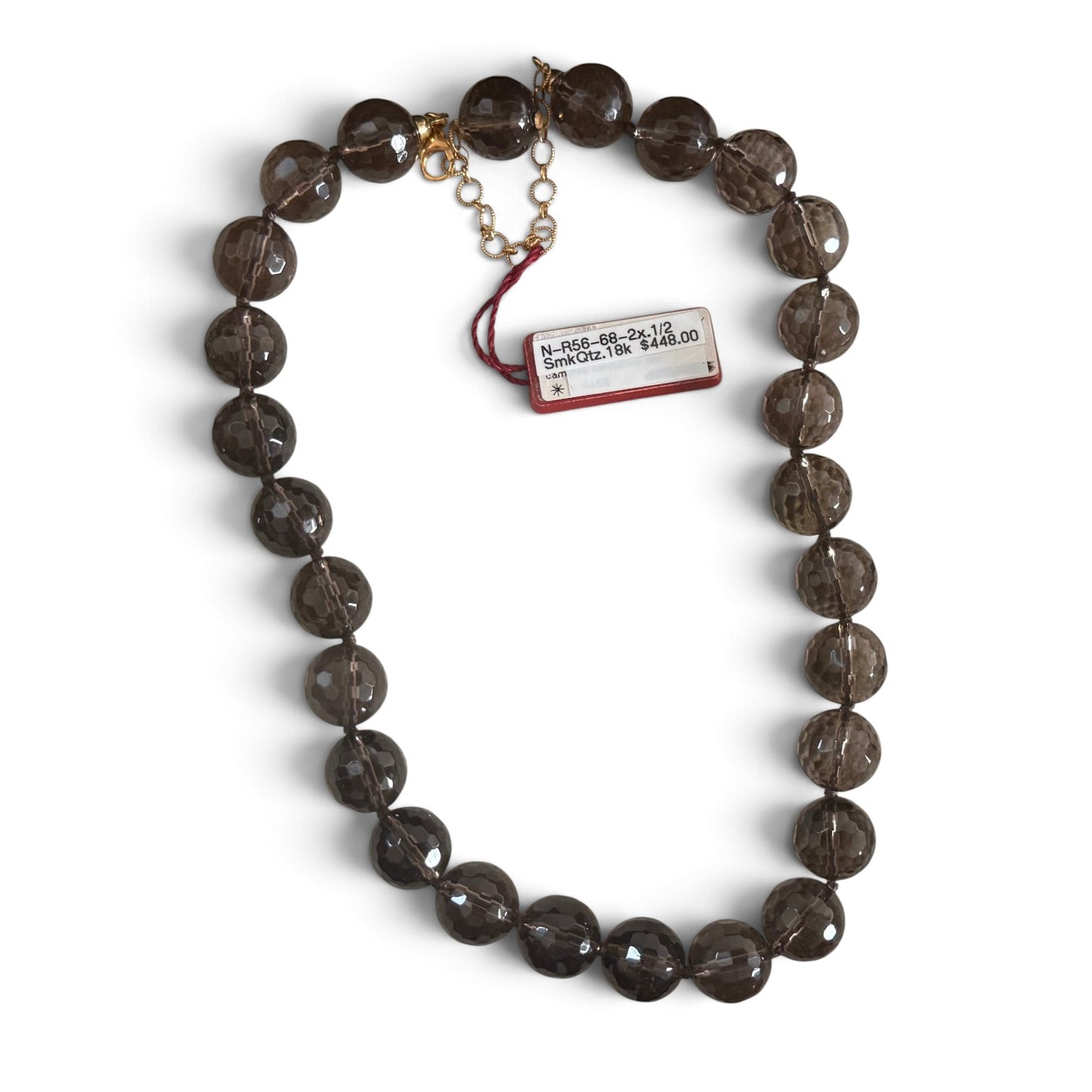 Trebor Style smoky quartz beaded necklace with faceted translucent brown spheres and an 18k gold lobster clasp.