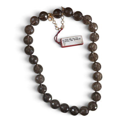 Trebor Style smoky quartz beaded necklace with faceted translucent brown spheres and an 18k gold lobster clasp.
