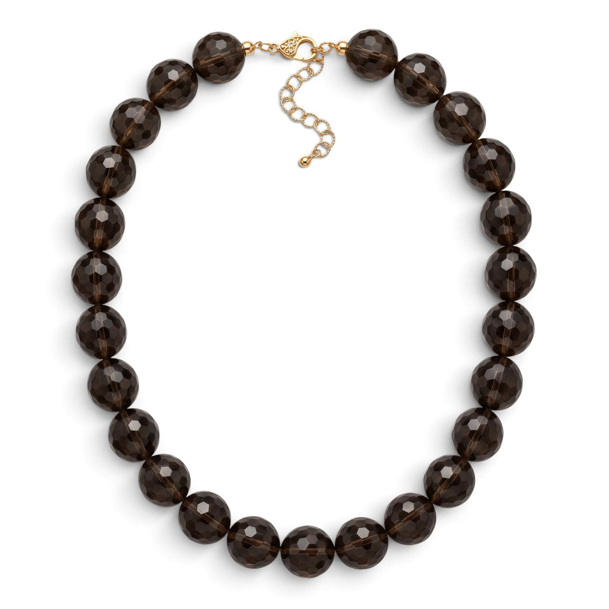 Trebor Style smoky quartz beaded necklace with faceted brown spheres and an 18k gold lobster clasp.
