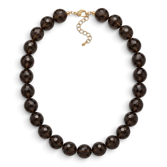 Trebor Style smoky quartz beaded necklace with faceted brown spheres and an 18k gold lobster clasp.