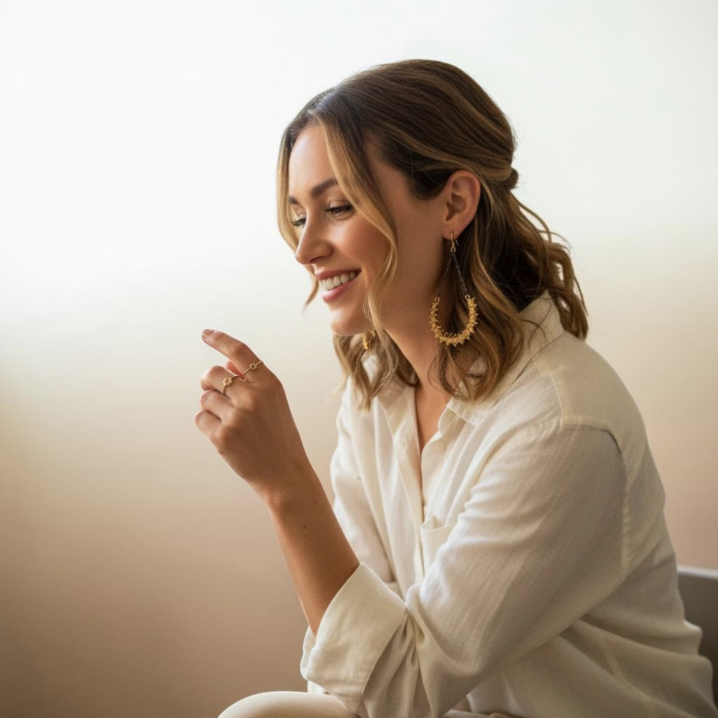 Trebor Style snake vertebrae earrings on vintage chain with brass hooks worn by a smiling woman in a white shirt