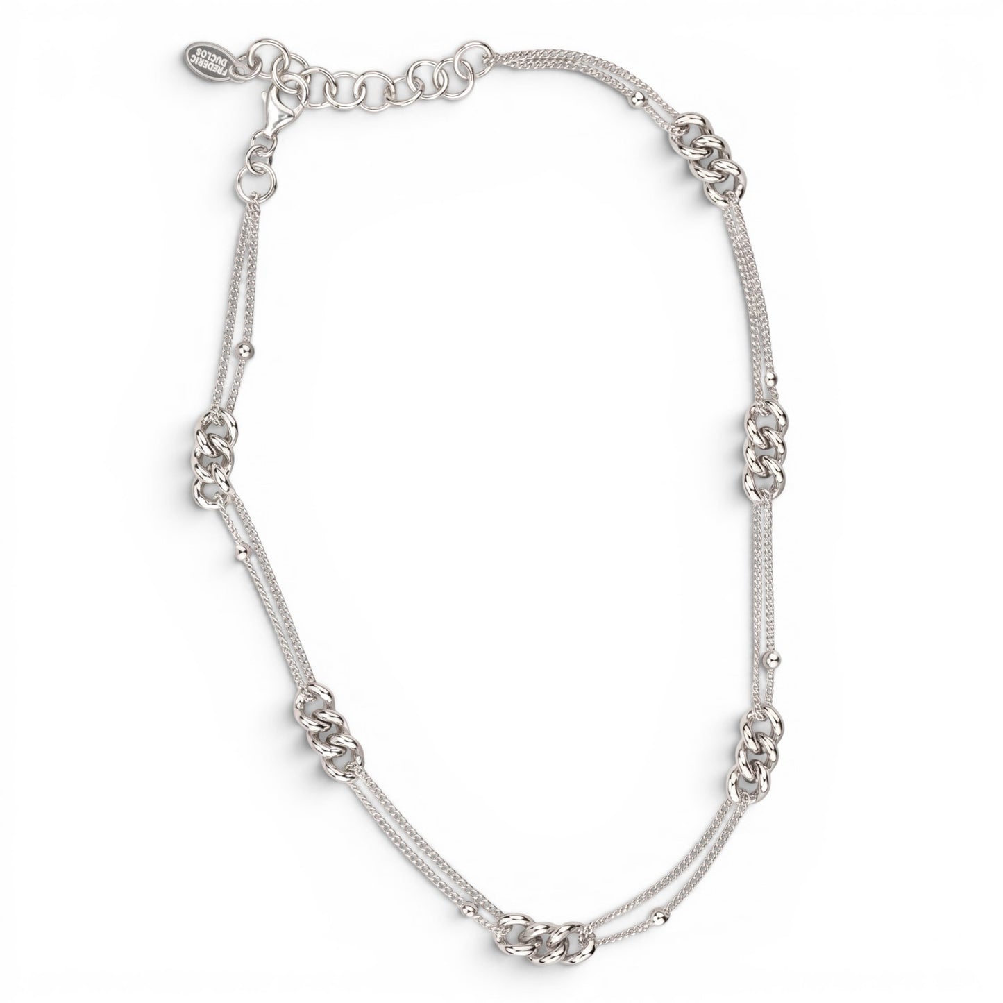 Trebor Style long sterling silver mixed-link chain necklace with rhodium plating and adjustable clasp.