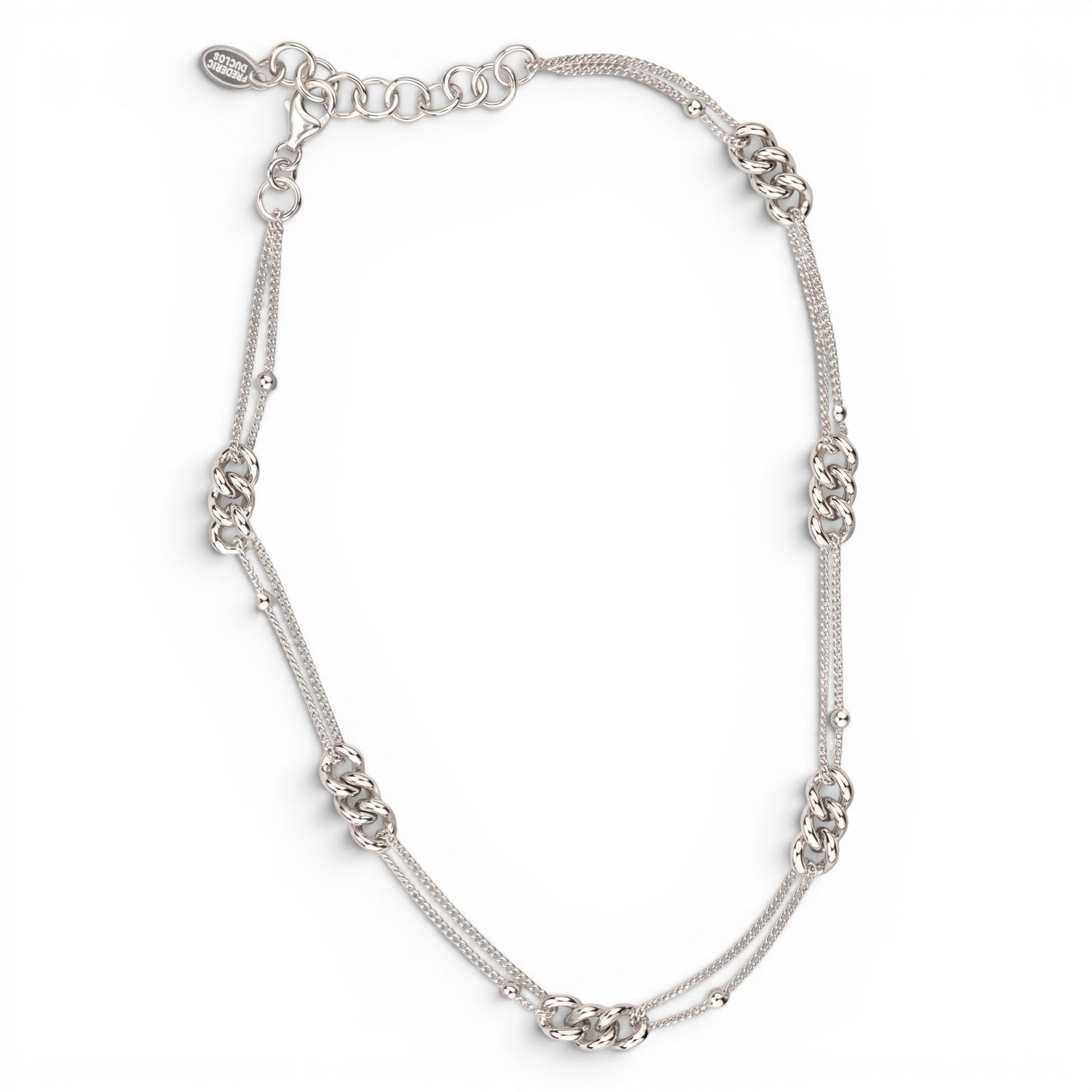 Trebor Style long sterling silver mixed-link chain necklace with rhodium plating and adjustable clasp.