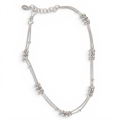 Trebor Style long sterling silver mixed-link chain necklace with rhodium plating and adjustable clasp.
