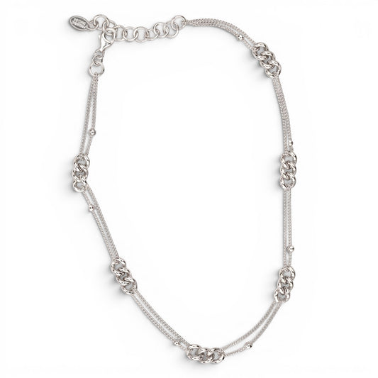 Trebor Style long sterling silver mixed-link chain necklace with rhodium plating and adjustable clasp.