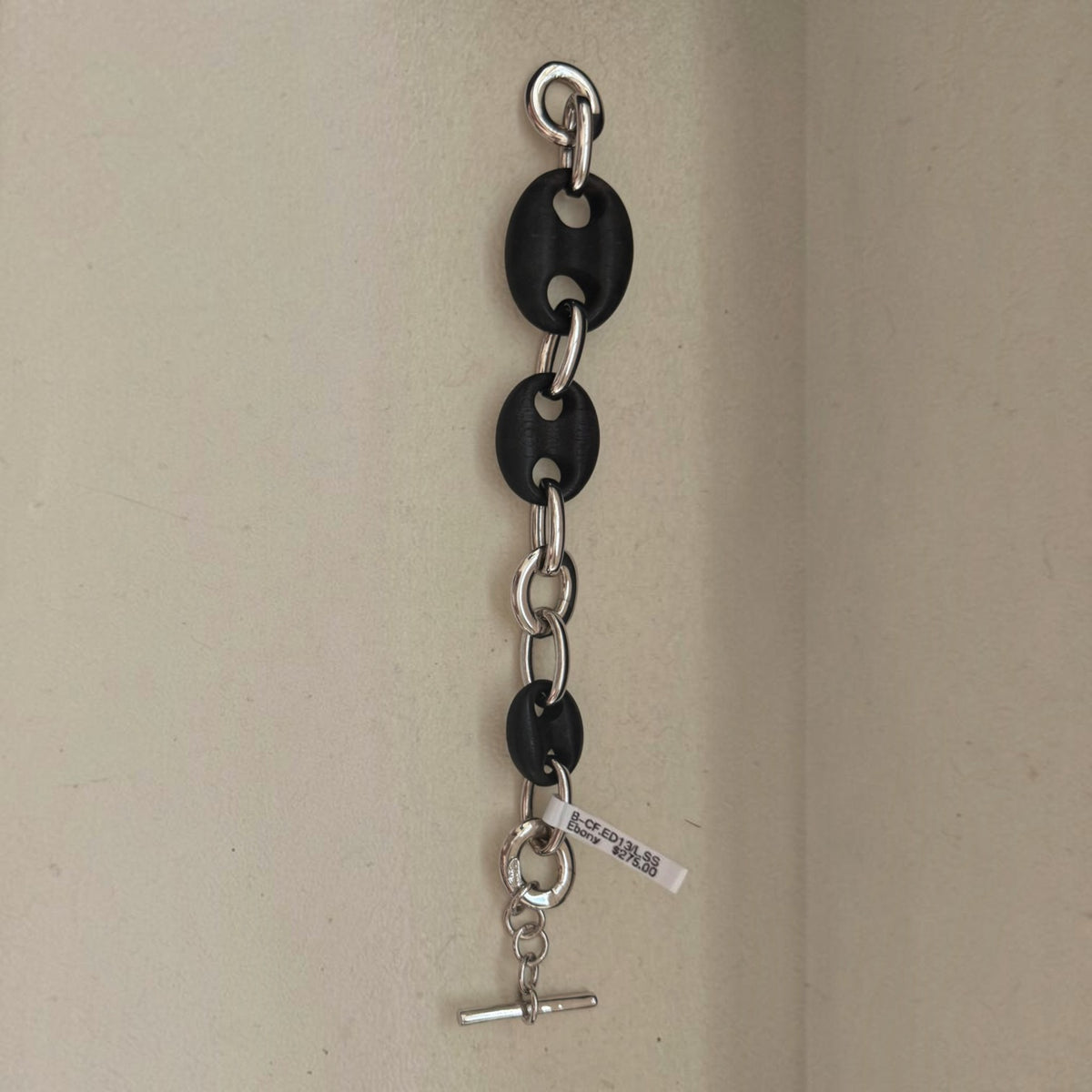 Trebor Style sterling silver and black ebony wood link bracelet with a toggle clasp, featuring alternating links.