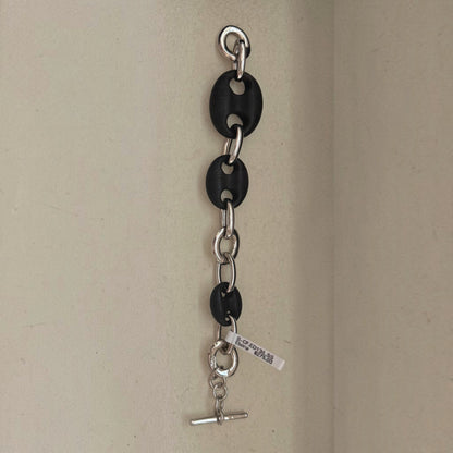 Trebor Style sterling silver and black ebony wood link bracelet with a toggle clasp, featuring alternating links.