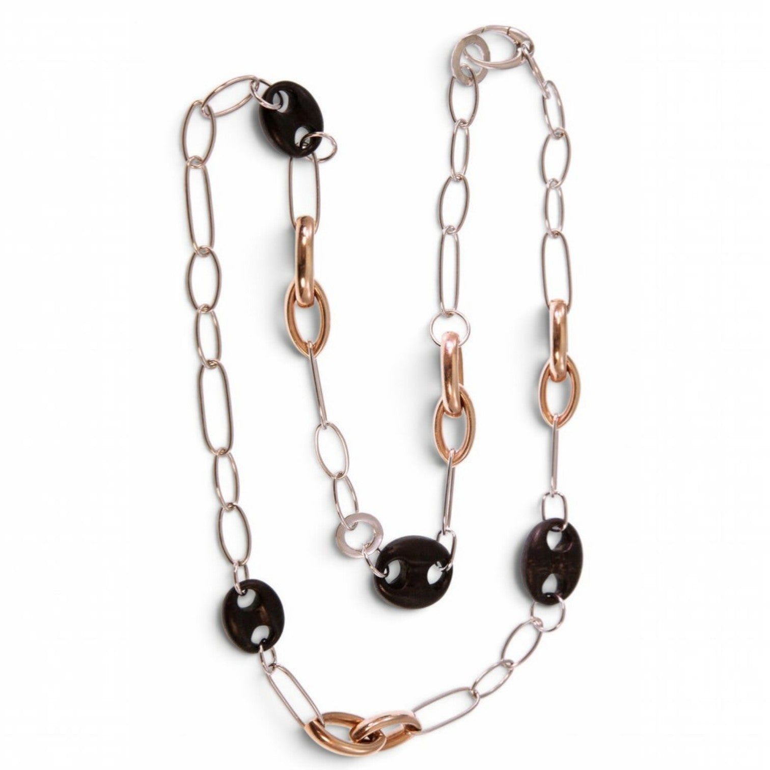 Trebor Style long necklace featuring sterling silver, rose gold plated silver, and black ebony wood oval links.