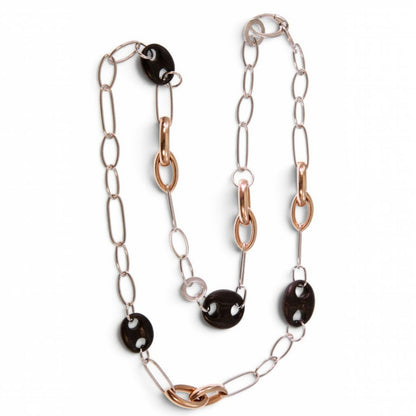 Trebor Style long necklace featuring sterling silver, rose gold plated silver, and black ebony wood oval links.