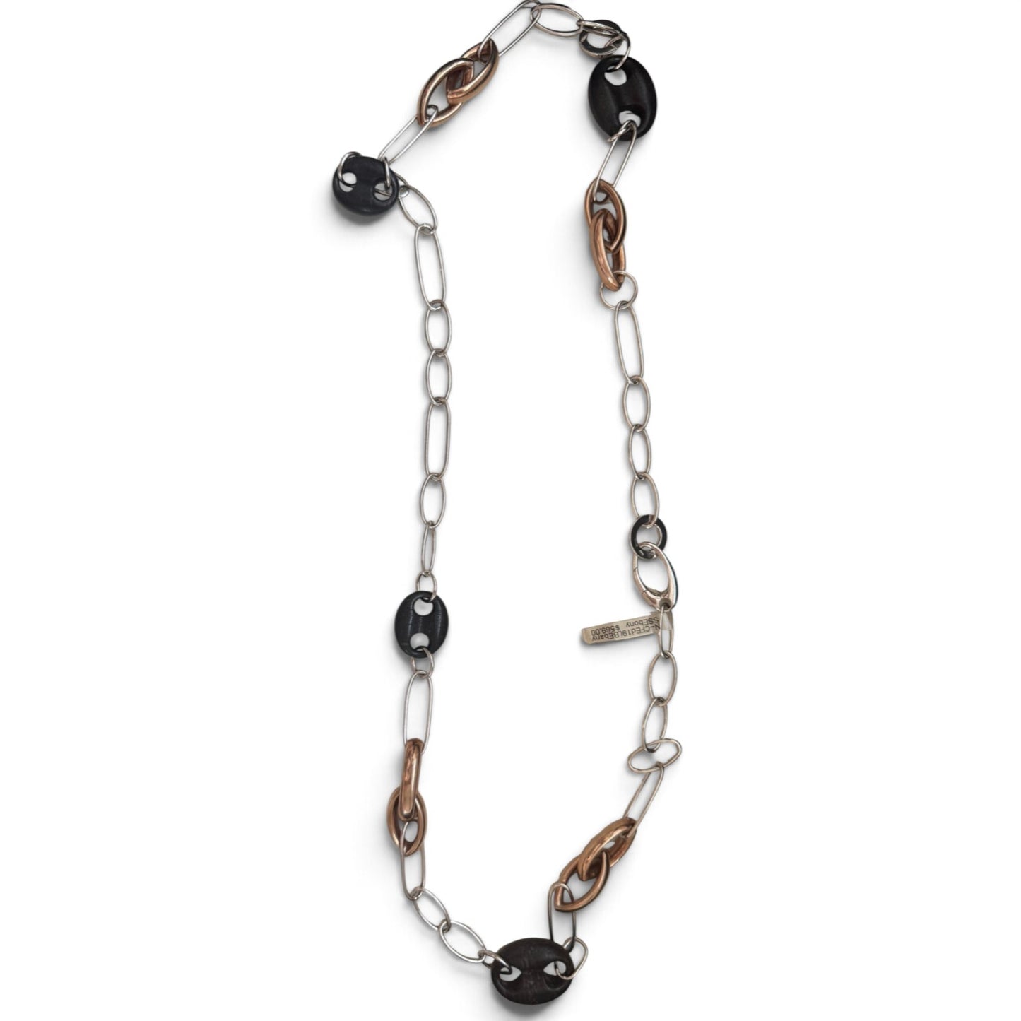 Trebor Style long necklace featuring sterling silver, rose gold plated silver, and black ebony wood links.