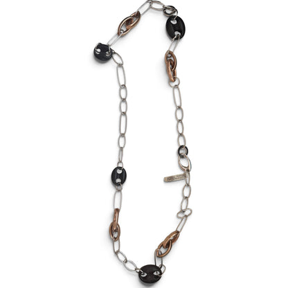 Trebor Style long necklace featuring sterling silver, rose gold plated silver, and black ebony wood links.