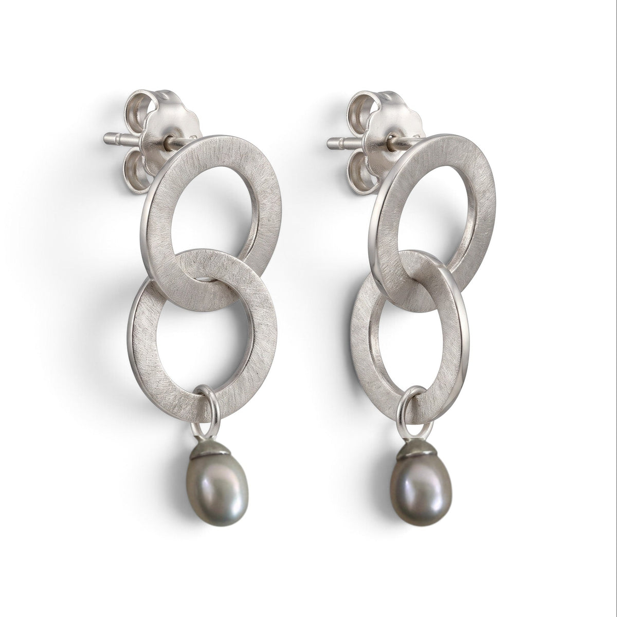 Trebor Style double ring drop earrings in brushed sterling silver with oval grey cultured pearls and post backs.
