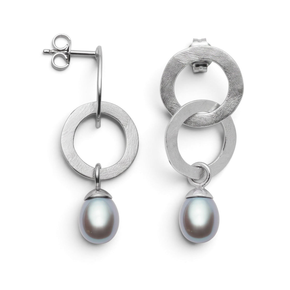 Trebor Style double ring drop earrings in brushed sterling silver with oval grey cultured pearls and post backs.