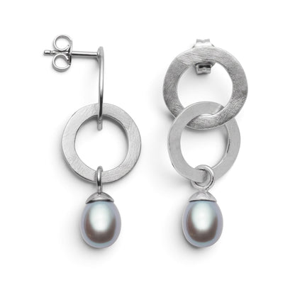 Trebor Style double ring drop earrings in brushed sterling silver with oval grey cultured pearls and post backs.