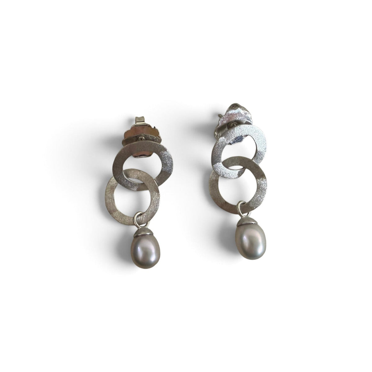 Trebor Style double ring drop earrings in brushed sterling silver with oval grey cultured pearls.