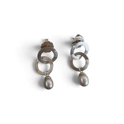 Trebor Style double ring drop earrings in brushed sterling silver with oval grey cultured pearls.