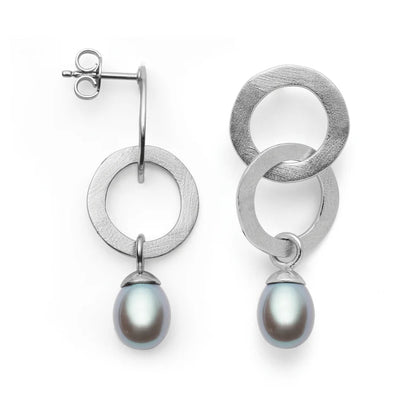 Trebor Style double ring drop earrings in brushed sterling silver with oval grey cultured pearls and post backs.