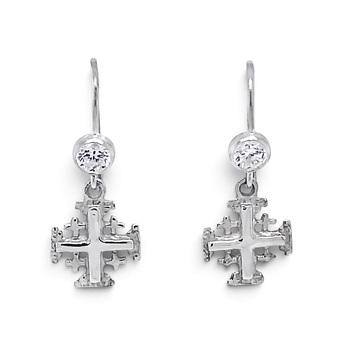 Trebor Style sterling silver Jerusalem cross drop earrings with sparkling CZ accents and fish hook ear wires.