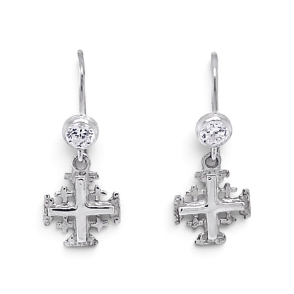 Trebor Style sterling silver Jerusalem cross drop earrings with sparkling CZ accents and fish hook ear wires.
