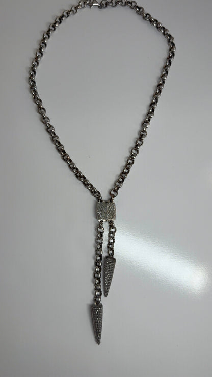 Trebor Style Frederic Duclos sterling silver lariat necklace with chunky chain, wrapped bead, and pyramid drops.