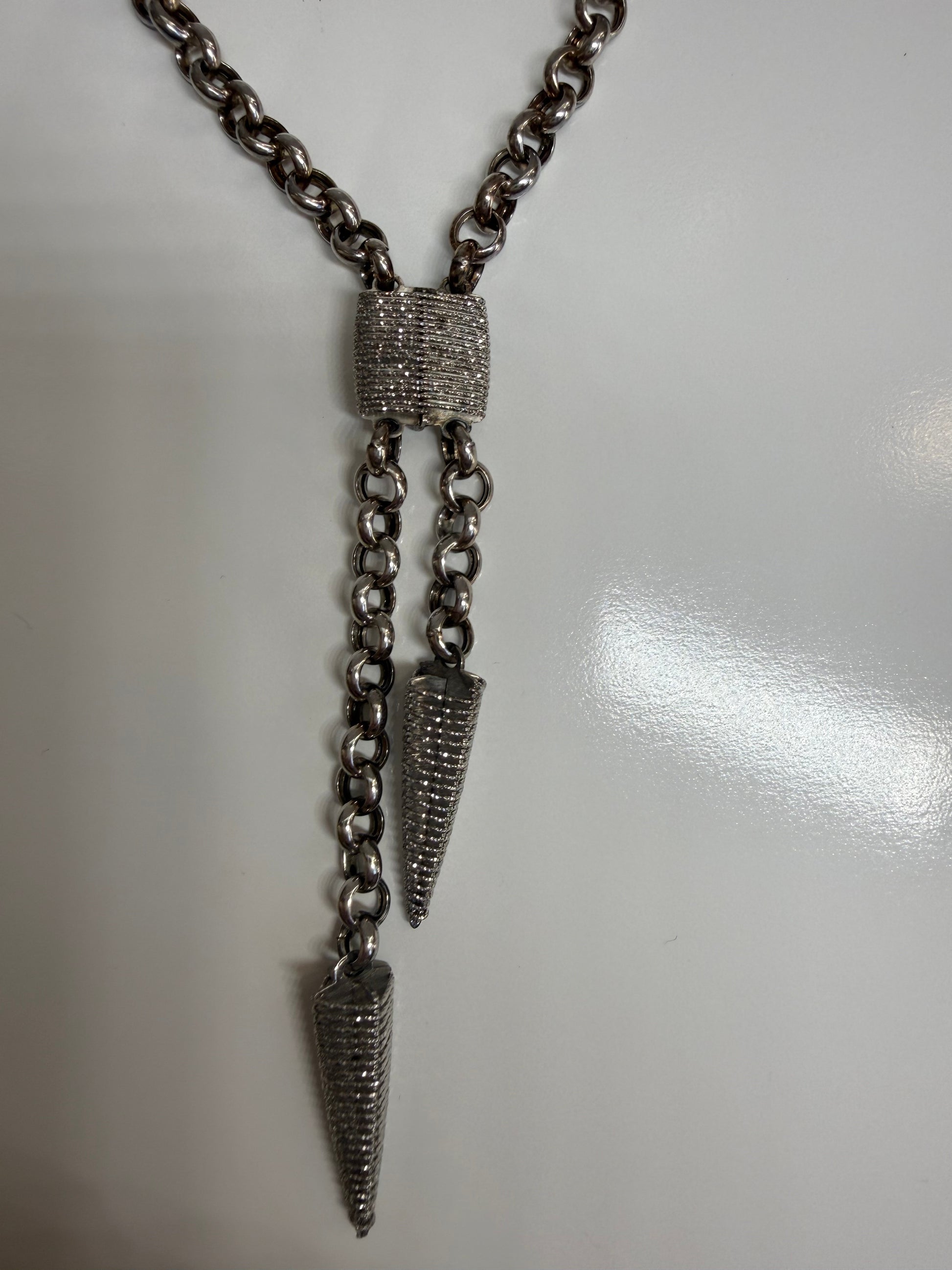 Trebor Style Frederic Duclos sterling silver lariat necklace with chunky chain, wrapped bead, and pyramid drops.