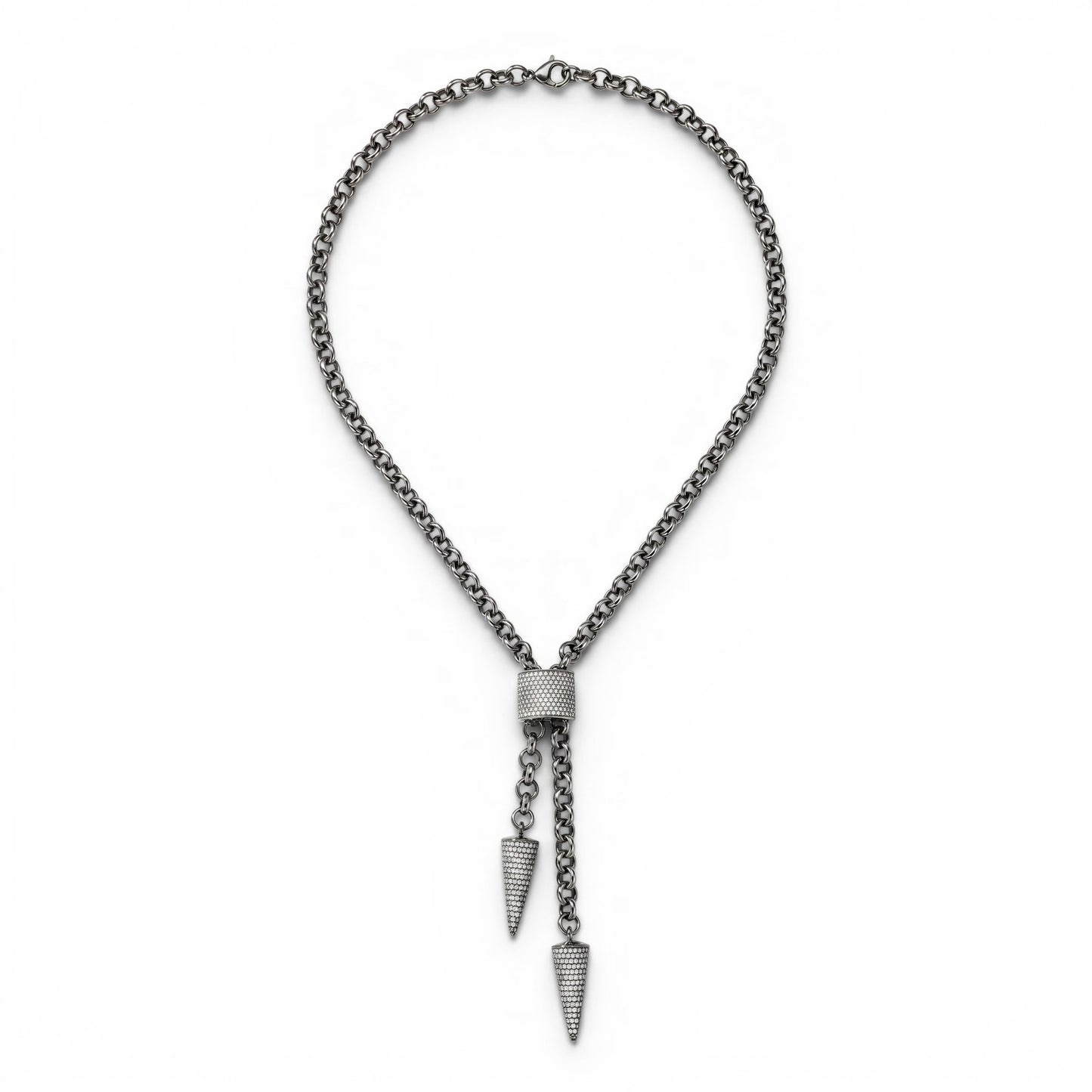Trebor Style Frederic Duclos sterling silver lariat necklace with laser-cut wrapped bead and pyramid drop pendants.