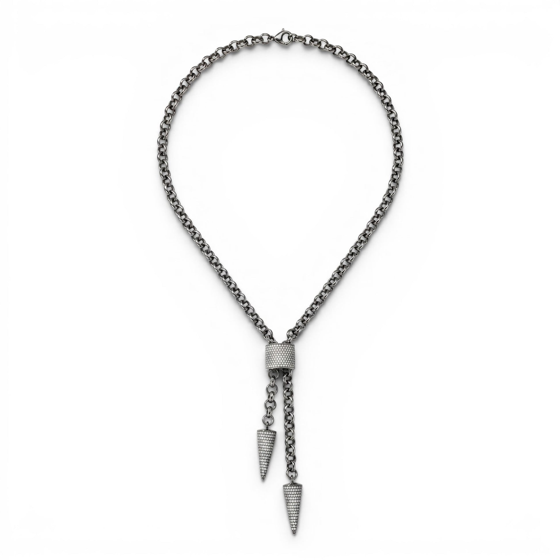 Trebor Style Frederic Duclos sterling silver lariat necklace with laser-cut wrapped bead and pyramid drop pendants.
