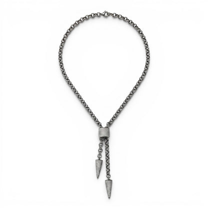 Trebor Style Frederic Duclos sterling silver lariat necklace with laser-cut wrapped bead and pyramid drop pendants.