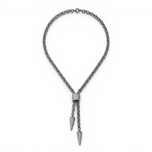 Trebor Style Frederic Duclos sterling silver lariat necklace with laser-cut wrapped bead and pyramid drop pendants.