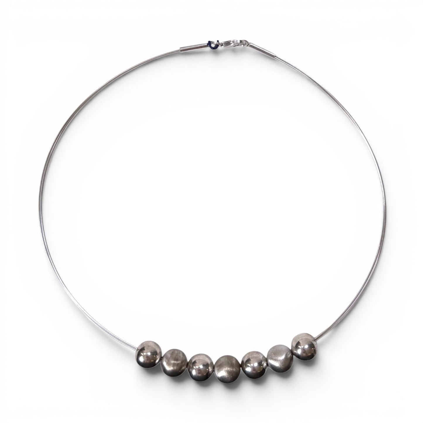 Trebor Style sterling silver collar necklace featuring polished and satin-finish orb beads on a double wire strand.