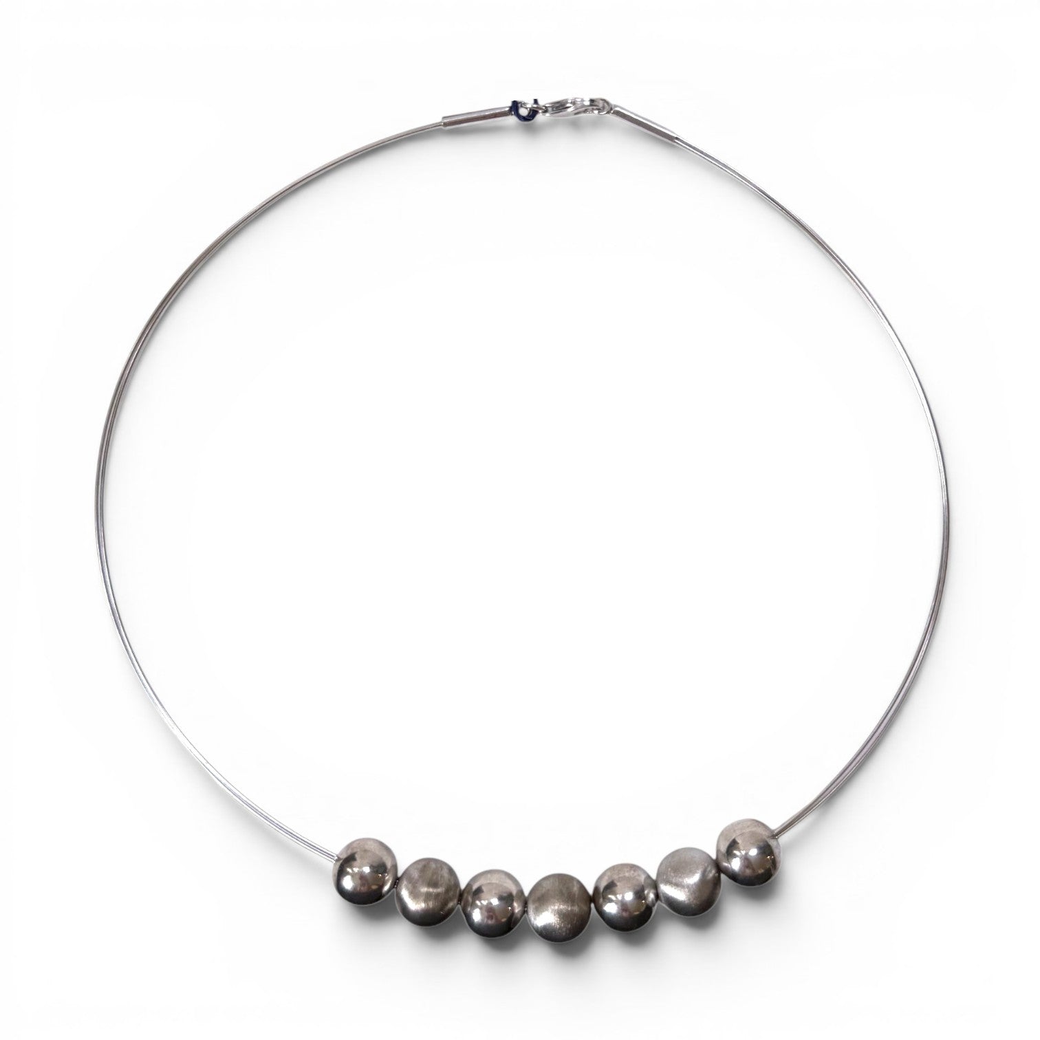 Trebor Style sterling silver collar necklace featuring polished and satin-finish orb beads on a double wire strand.