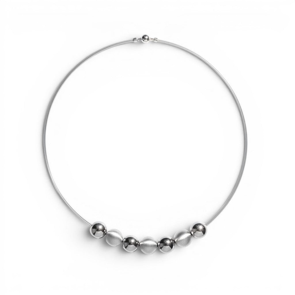 Trebor Style sterling silver collar necklace featuring alternating polished and satin-finish orbs on double wire.