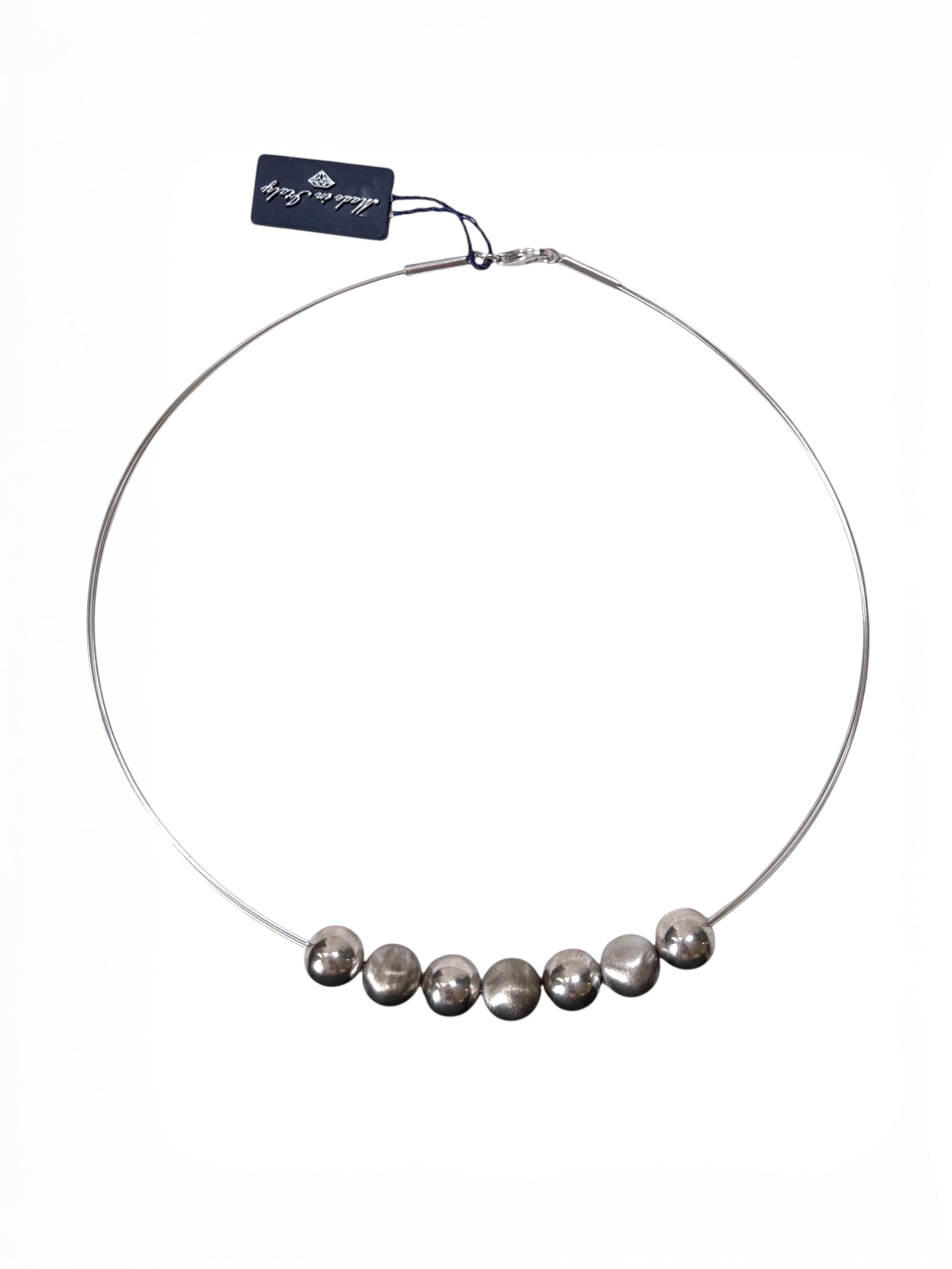 Trebor Style sterling silver collar necklace featuring polished and satin-finish orb beads on a double wire strand.